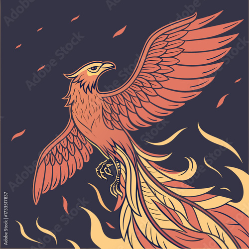 Vibrant illustration of a mythical phoenix bird with fiery wings and tail rising from flames against a dark background with floating embers