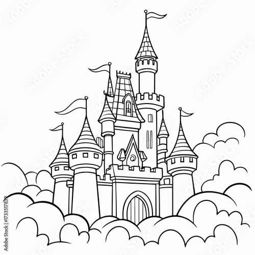 Whimsical cartoon outline of a fairytale castle with multiple towers and flags surrounded by fluffy clouds perfect for coloring pages and fantasy themes