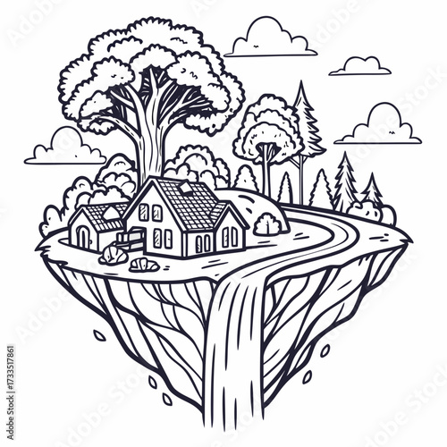 Whimsical hand drawn illustration of a floating island with houses trees a winding road and a waterfall cascading over the edge