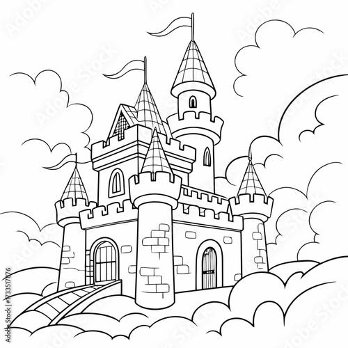Whimsical outline drawing of a fairytale castle with multiple towers and flags set against a backdrop of fluffy clouds perfect for coloring pages and storybook illustrations