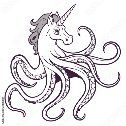 Whimsical unicorn with octopus tentacles a mythical creature design with flowing mane and spiraling arms perfect for fantasy art and unique illustrations