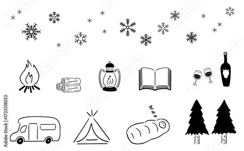 冬のおこもりキャンプ_手描きイラスト,ベクター｜Winter Cozy Camping_Hand-drawn Illustration, Vector