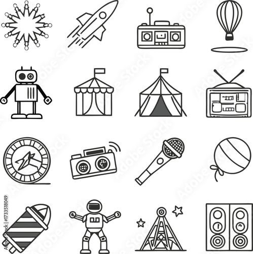 Nostalgic linear art featuring a whimsical collection of retro toys and childhood icons, evoking feelings of joy, wonder, and playful imagination