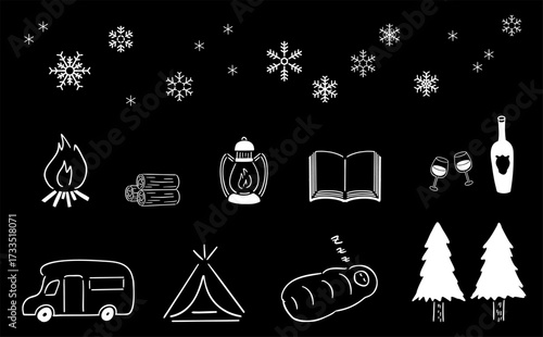 冬のおこもりキャンプ_手描きイラスト,ベクター_黒背景｜Winter Cozy Camping_Hand-drawn Illustration, Vector_Black Background
