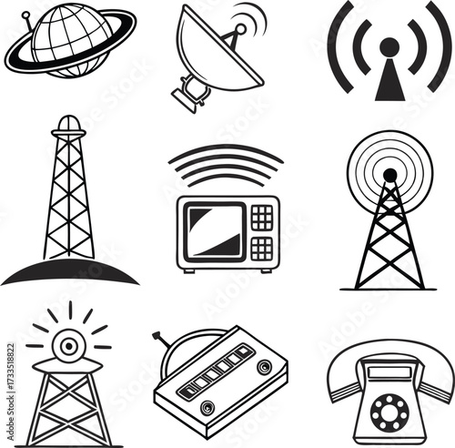 Broadcasting icons symbolizing telecommunications and global network connections, ideal for tech companies and media outlets. Originally scalable vector graphics.