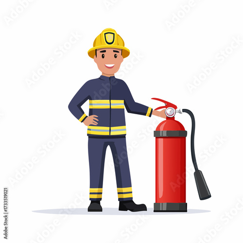 Firefighter in Uniform Holding a Red Fire Extinguisher, Ready for Action