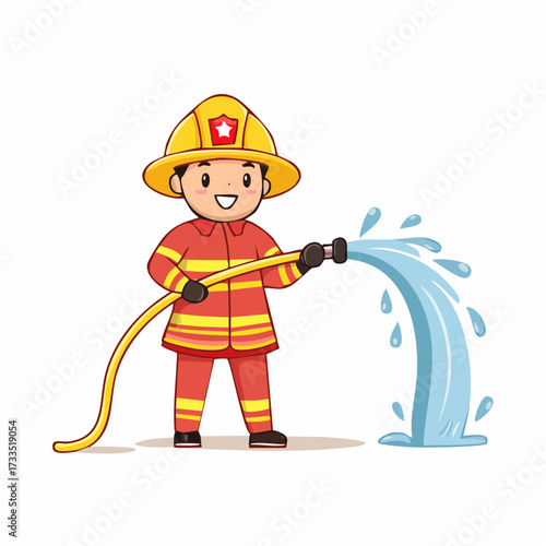 Illustration of a Smiling Firefighter in Action, Spraying Water with a Hose, Cartoon Character
