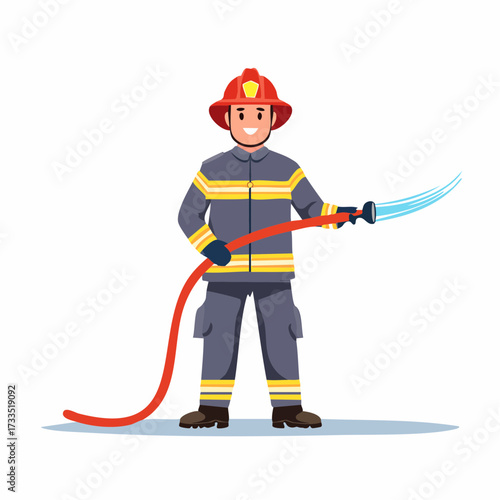 Firefighter Extinguishing Fire with Water Hose Professional Emergency Services and Safety Concept