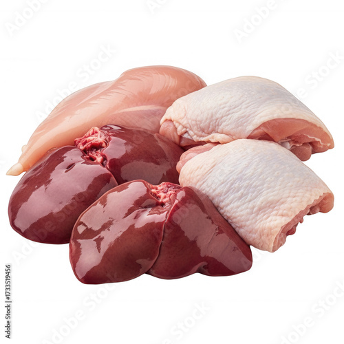 Raw chicken parts and liver isolated on a transparent background
