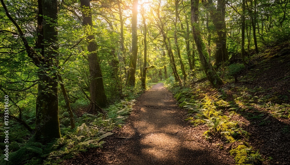 Obraz premium A Path Through A Dense Sun Dappled Forest