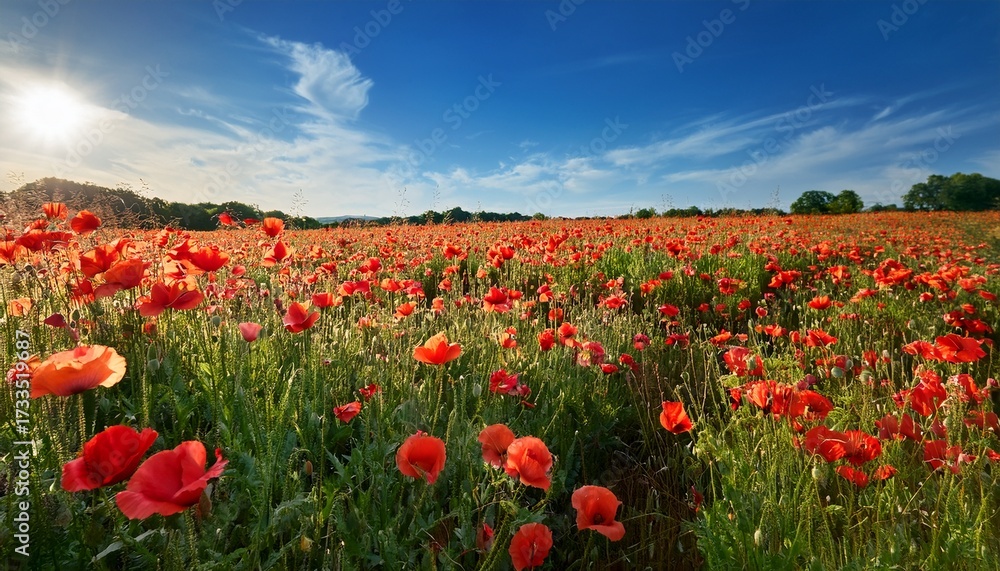 Fototapeta premium Vibrant Summer Poppy Field Under A Clear Blue Sky With Blooming Flowers Swaying Gently