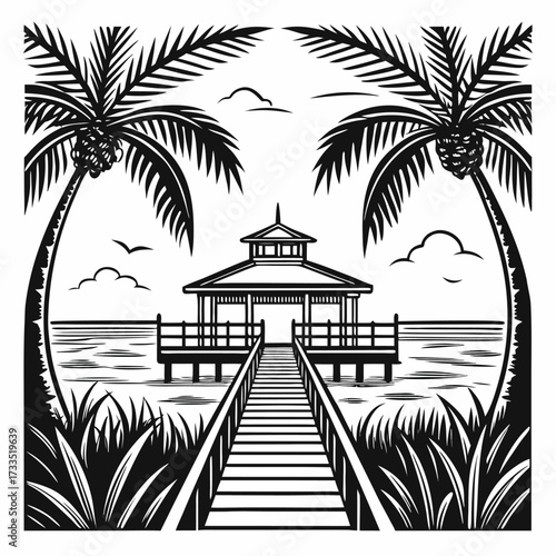 Vector art of a black and white illustration of a pier leading to a gazebo surrounded by palm trees and ocean waves