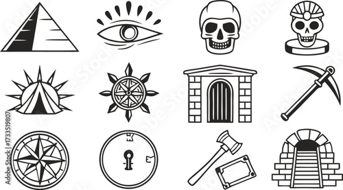 Mysterious symbols hinting at secret societies and ancient mysteries, perfect for historical fiction or thrilling adventure games, originally a vector graphic