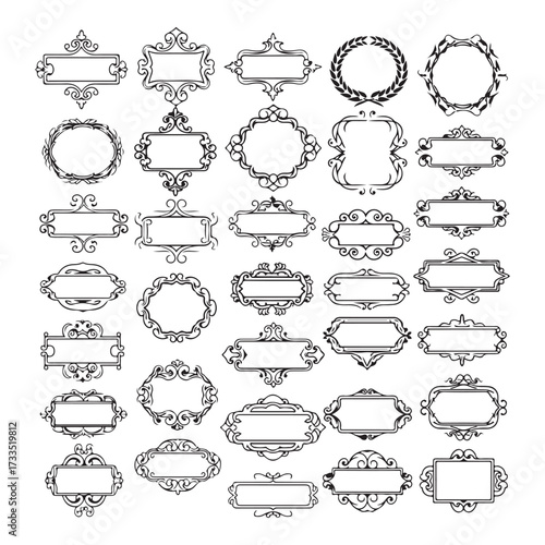 Large set vector black silhouette frame cartouches badges silhouette vector illustration on white background.
