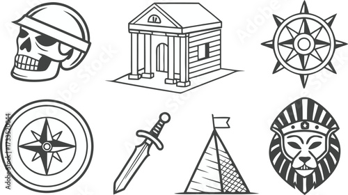 Collection of historical adventure icons including skull, pyramid, sword, compass, temple, and lion head for exploration and discovery themes