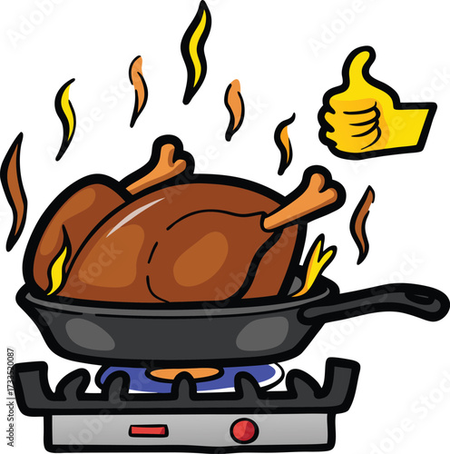 Vector art of a delicious roasted chicken cooking in a pan on a gas stove, with steam rising and a thumbs up symbol indicating approval