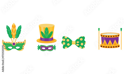 Mardi Gras Graphics – Carnival Masks, Hats, Feathers, Drums, Bows & Party Decorations in Purple, Green, and Gold