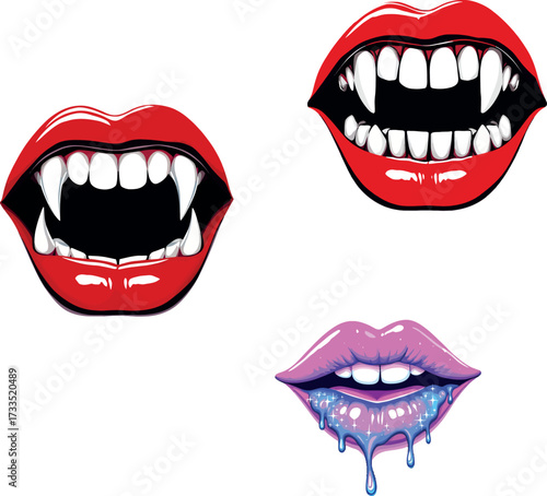 Vsai vampire fangs and glitter dripping lips vector illustration