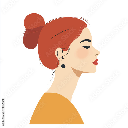 Woman with red hair in a bun profile view.