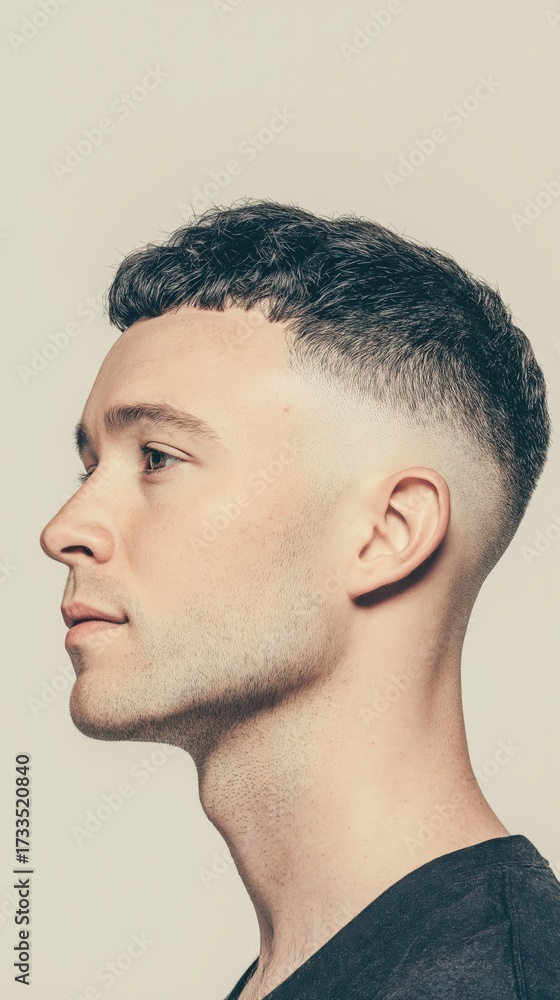 Fototapeta premium Young man with stylish haircut posing against a plain background in a relaxed manner.
