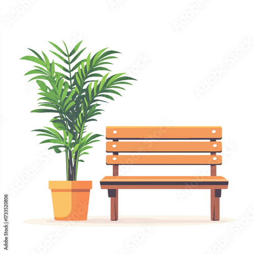 Wooden bench and potted plant create a serene outdoor scene