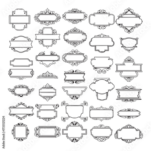 Large set vector black silhouette frame cartouches badges silhouette vector illustration on white background.