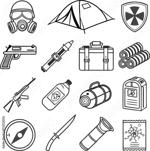 Survivalist's essential gear collection featuring survival kit, weapons, and navigation tools for preparedness and emergency scenarios.