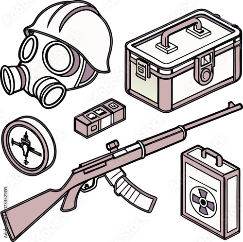 Essential survival gear collection featuring gas mask, rifle, first aid kit, tool box, compass, and supplies for preparedness and adventure.