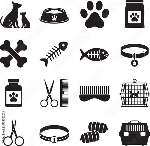 Collection of pet care and grooming tools icons