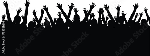 Crowd silhouette, raised arms, cheering people, black figures, celebration, unity, concert audience, rally energy, excitement, group pose, public gathering