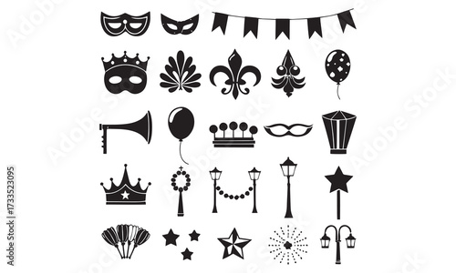 Mardi Gras Silhouette Icons – Masks, Crowns, Balloons, Banners, Stars & Party Decorations Vector Set

