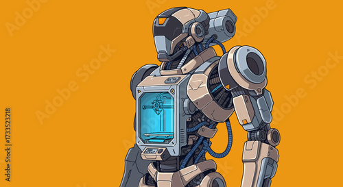 Futuristic Robot with Integrated 3D Printer on Orange Background.