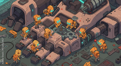 Cartoon Robots Repairing a Large Machine with Tools in a Workshop.