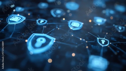 Digital Network Cybersecurity Concept with Glowing Shield Icons for Data Protection, Global Internet Privacy, and Secure Technology