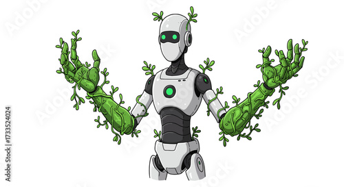 Futuristic Robot with Plant-Covered Hands and Green Accents.