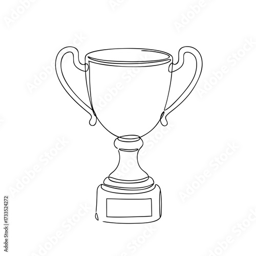 Minimalist trophy continuous line drawing in black ink, achievement and success concept with copy space