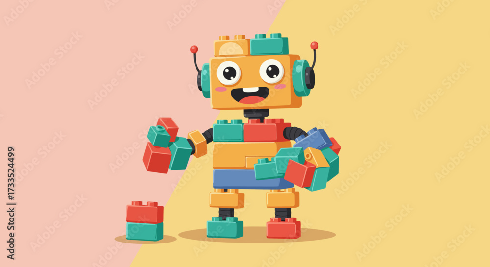 Fototapeta premium Cheerful Cartoon Robot Made of Colorful Building Blocks.