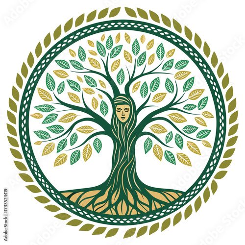 Tree of life with a human face integrated into the trunk.