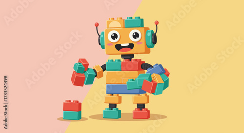 Cheerful Cartoon Robot Made of Colorful Building Blocks.
