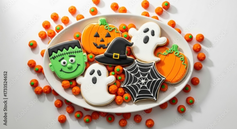 Fototapeta premium Halloween themed cookies on a white plate surrounded by orange candies in a white background