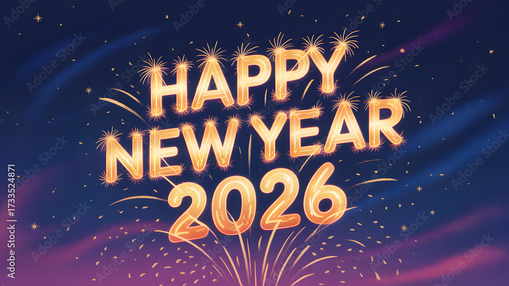 Fototapeta premium Fireworks forming golden shiny Happy New Year 2026 lettering animation. Christmas celebration concept. Animated text with sparkling effects