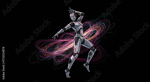 Dancing Robot with Colorful Energy Trails on Black Background.