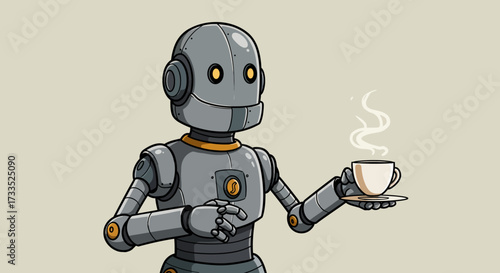 Cartoon Robot Holding a Steaming Cup of Coffee.