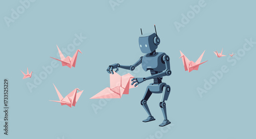 Robot Folding Origami Cranes Artistic Automation Concept.