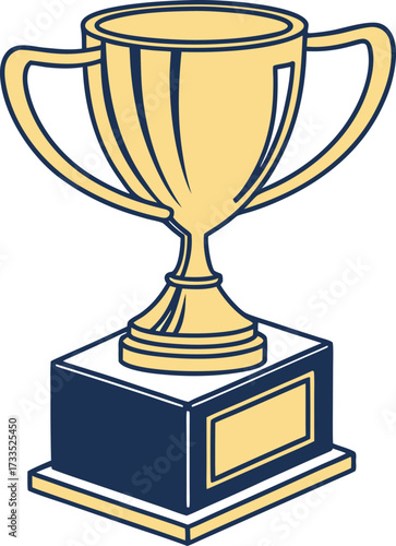 Vector art of a golden trophy with handles on a dark blue base, isolated on a, symbolizing achievement and victory