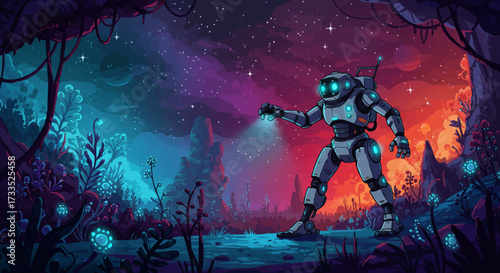 Futuristic Robot Explorer on an Alien Planet with Glowing Flora.
