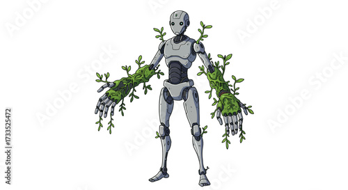 Robot with Plant Growth on Arms and Shoulders.
