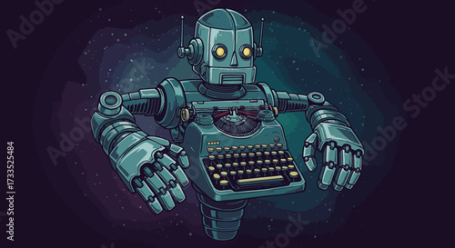 Retro Robot Writer with Typewriter in Space.