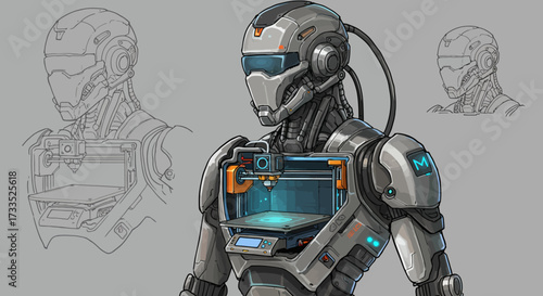 Futuristic Robot with Integrated 3D Printer Chest Cavity Design.