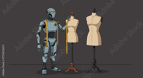 Robotic Tailor with Mannequins and Measuring Tape in a Fashion Design Studio.